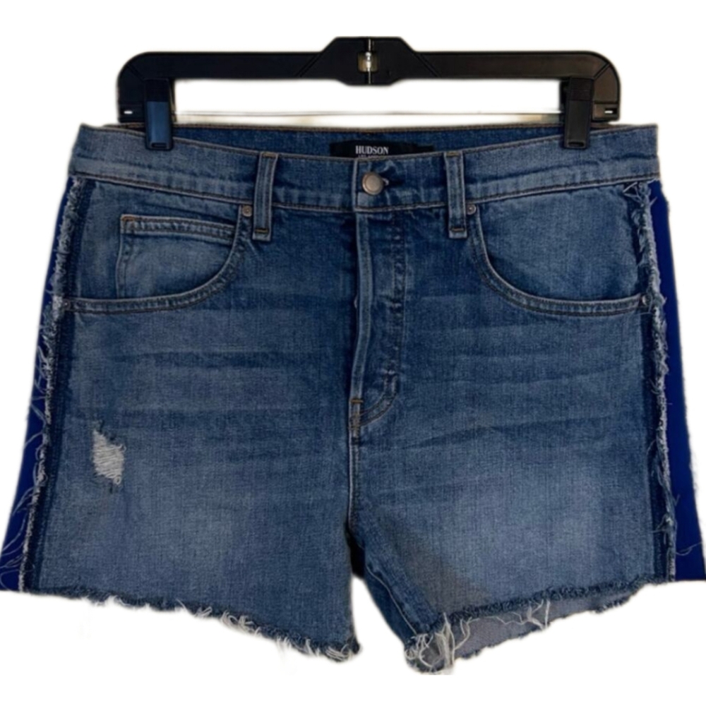 Hudson 4" Jean Shorts High Rise Button Fly with distressed detail on hips